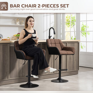 Set of 2 swivel bar stools with footrest, black and brown