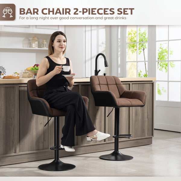 Set of 2 swivel bar stools with footrest, black and brown
