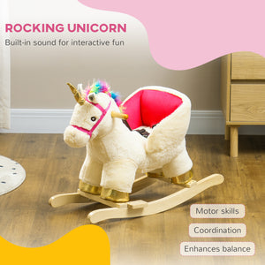 Rocking Unicorn with Sounds, Seat Belt, Wooden Base, Cream White