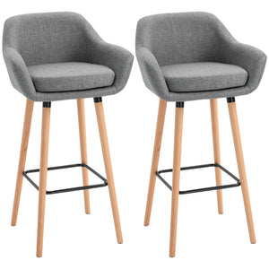Set of 2 modern upholstered fabric bar stools with metal frame, grey