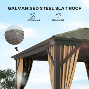 10' x 10' Aluminum Hardtop Gazebo with Mosquito Netting, Curtains and Hanging Hook, Brown