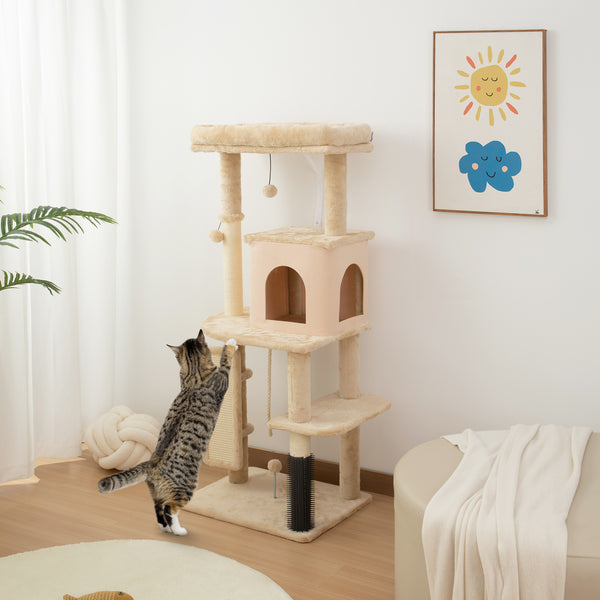 132cm Cat Tree with Scratching Posts, Basket, Kennel and Grooming Brush, Beige