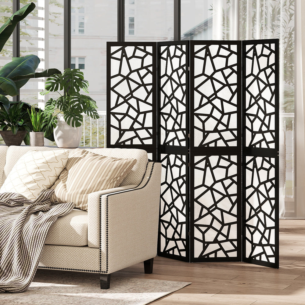 Folding screen with 4 panels, 1.70 m, lightweight and opaque, geometric pattern, black