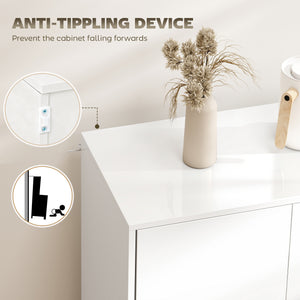 Modern kitchen buffet with push-to-open mechanism, 2 drawers, and shelves, white.