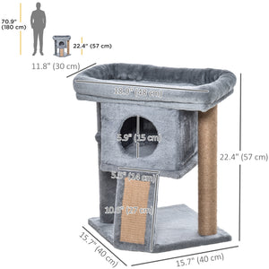 Cat tree with perch, scratching post, kennel and play ball, grey 