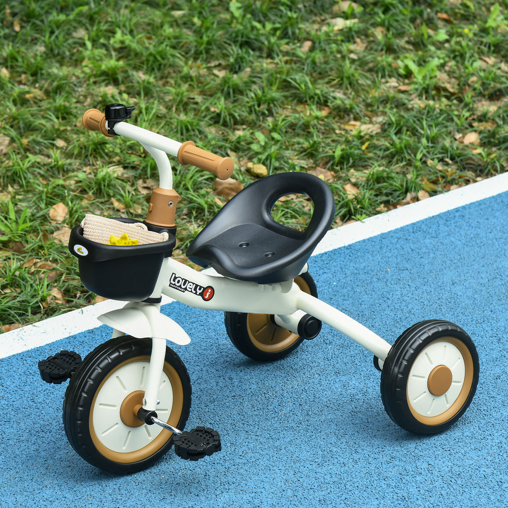 Tricycle with adjustable seat, basket, bell, white