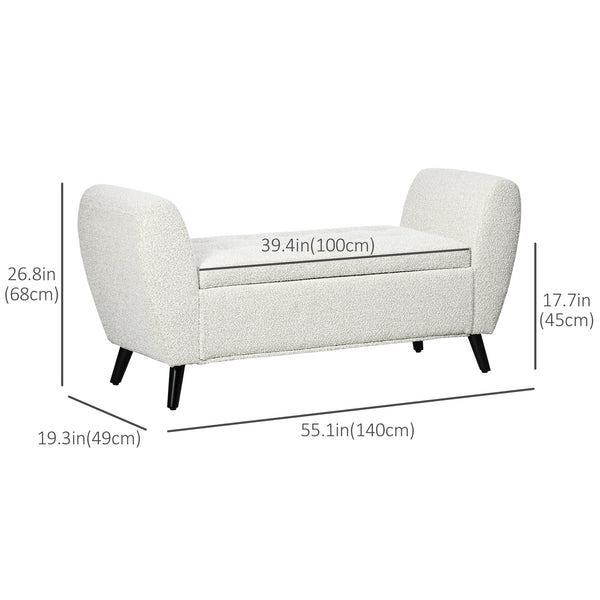 Upholstered storage bench with armrests, cream white