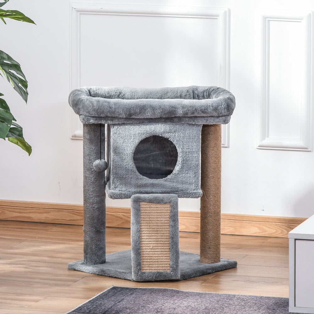 Cat tree with perch, scratching post, kennel and play ball, grey 