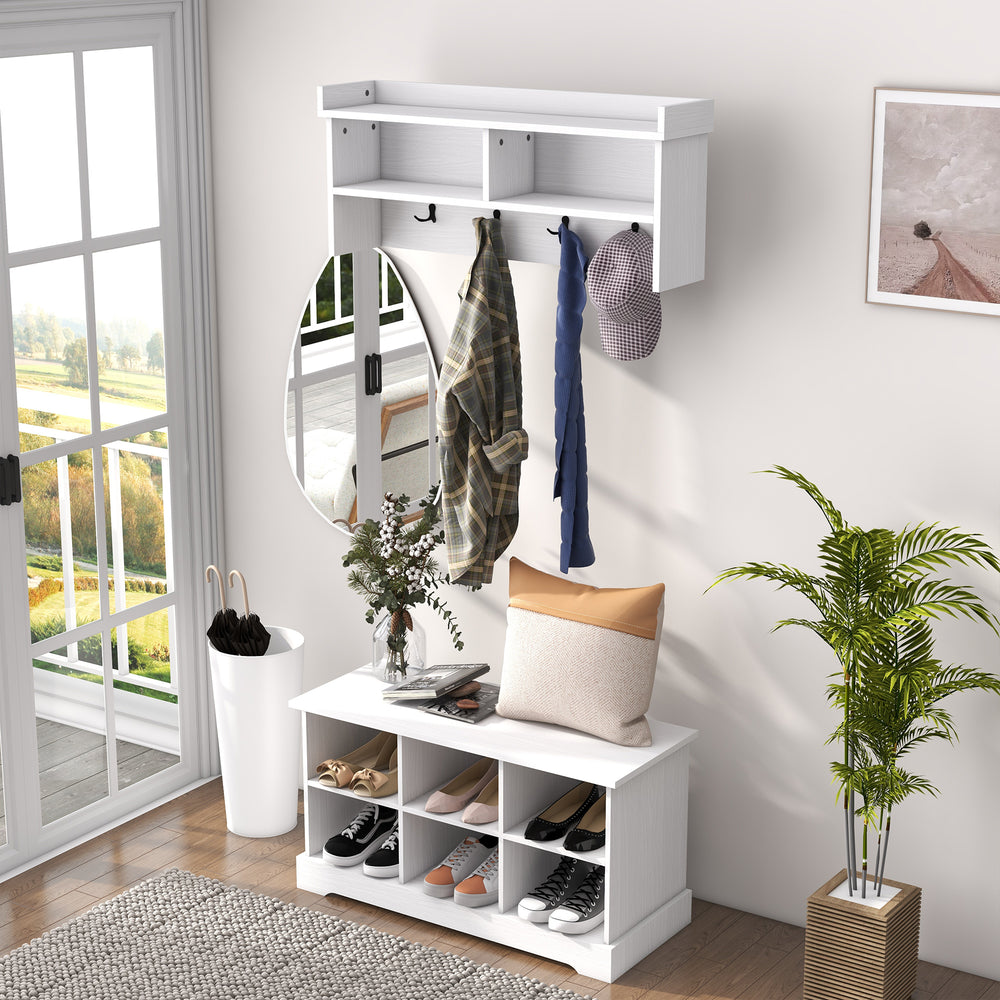 Coat rack and shoe bench set, white