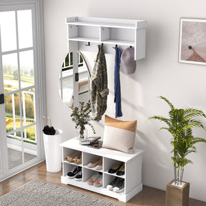 Coat rack and shoe bench set, white