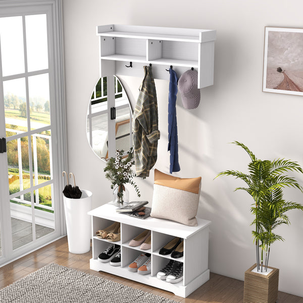 Coat rack and shoe bench set, white