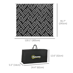 Reversible waterproof outdoor rug made of plastic straw, black and grey geometric pattern