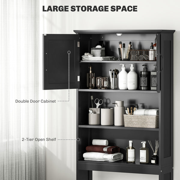 Modern over-the-bathroom storage unit with open shelves and double-door cabinet, black