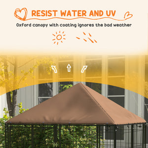 Dog kennel with canopy and swivel bowls, coffee color