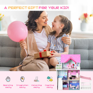 2.9ft Kids Wooden Dollhouse with Furniture, Pink