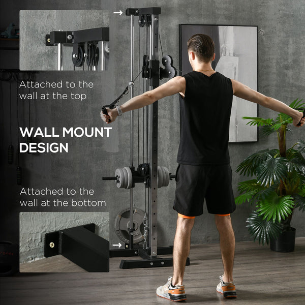 Wall-mounted dual pulley weight station, adjustable to 15 positions