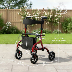 Foldable rollator walker with seat for seniors, lightweight with wheels and adjustable handles, red
