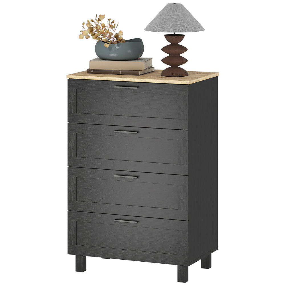 Chest of drawers with 4 drawers, solid wood legs, black.