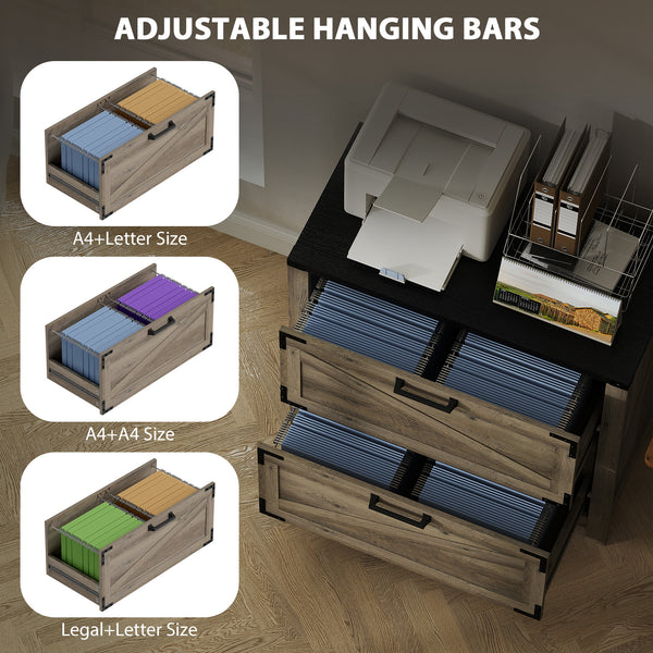 Country Style 2-Drawer Filing Cabinet with Adjustable Hanging Bars for Letter, A4, Legal Size, Grey