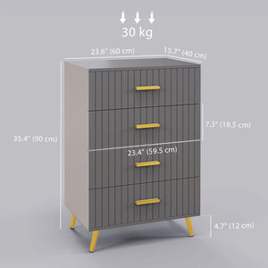 Chest of drawers with 4 drawers, aluminum legs and gold handles, dark grey.