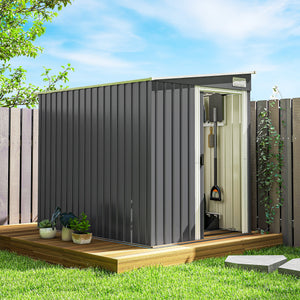 Lean-to garden shed in galvanized metal with foundation, sliding door and 2 vents, dark grey