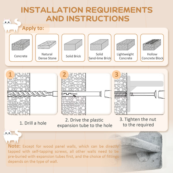 Wall-mounted cat shelves including a hammock and scratching post, grey