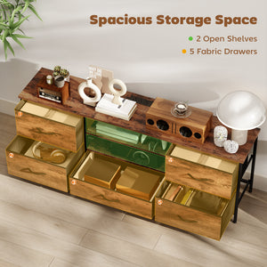 Industrial-style TV stand for TVs up to 65 inches, with charging station, 5 drawers and open shelves, rustic brown