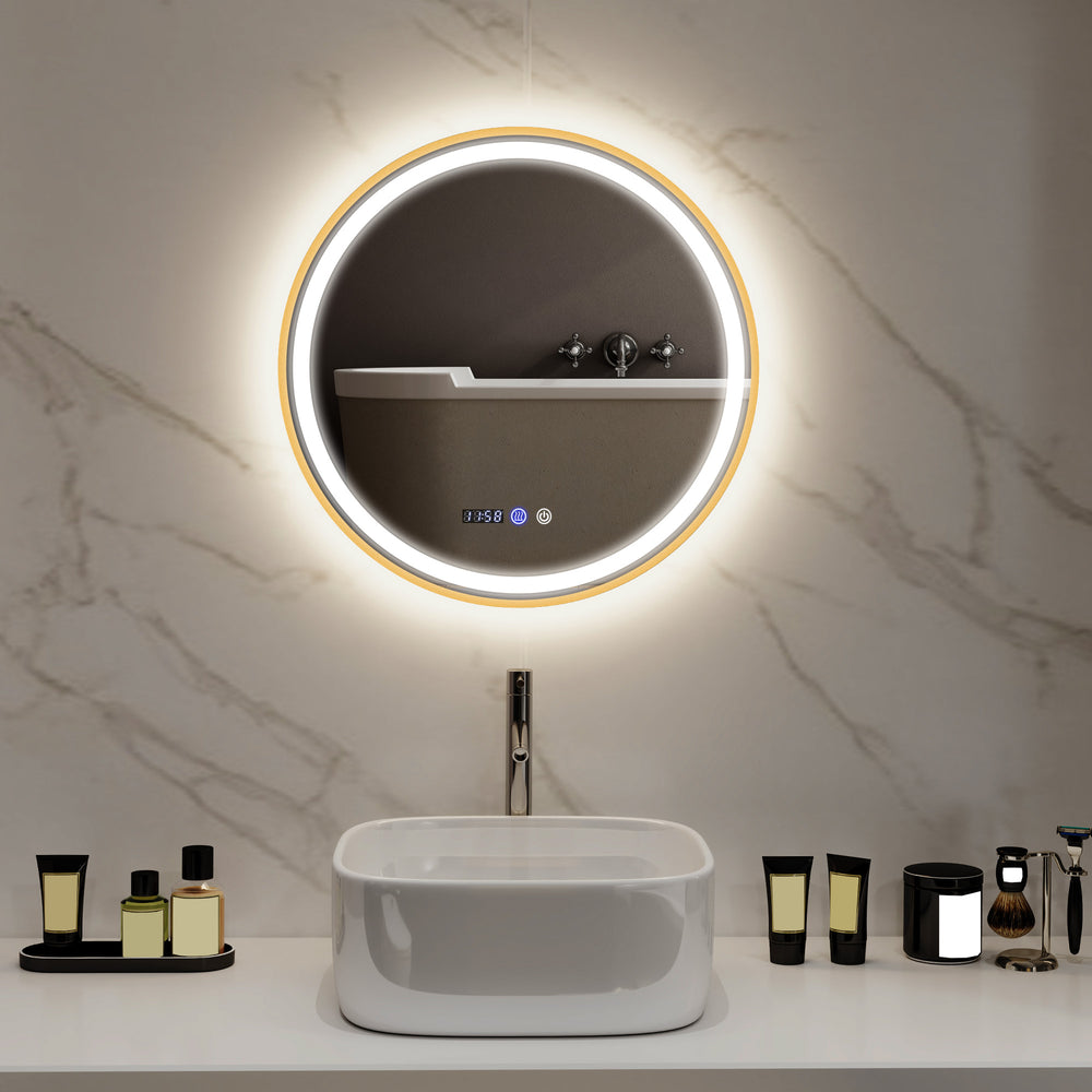 Round bathroom mirror with LED lighting with anti-fog coating, gold rim