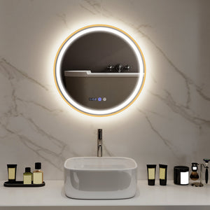 Round bathroom mirror with LED lighting with anti-fog coating, gold rim