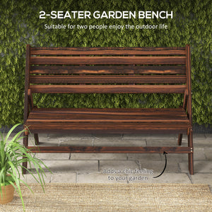 2-seater wooden outdoor bench with slatted back and seat, carbonized finish