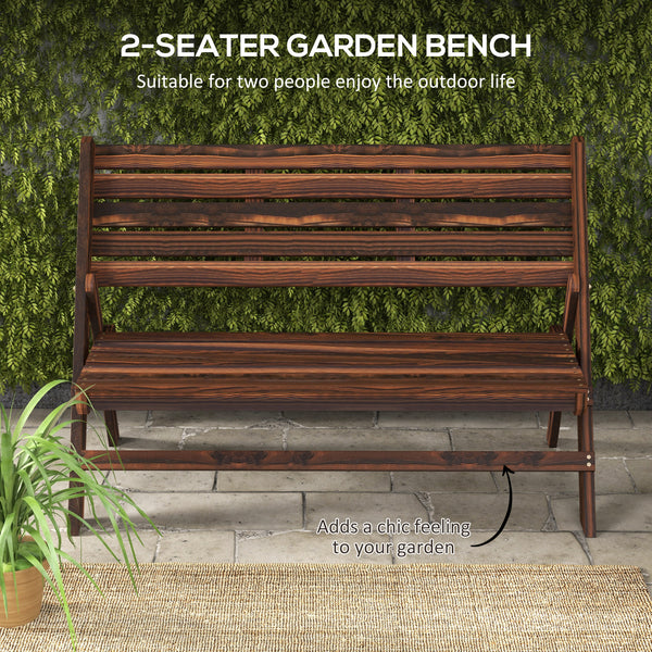2-seater wooden outdoor bench with slatted back and seat, carbonized finish