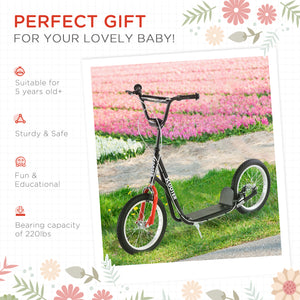 Scooter with 16-inch inflatable wheels and double brakes, black