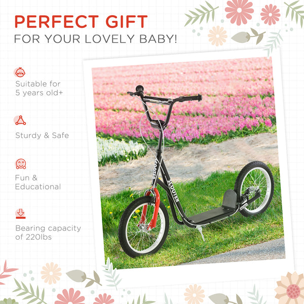 Scooter with 16-inch inflatable wheels and double brakes, black