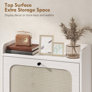 Bohemian style narrow shoe cabinet with 2 tilt-out drawers, white