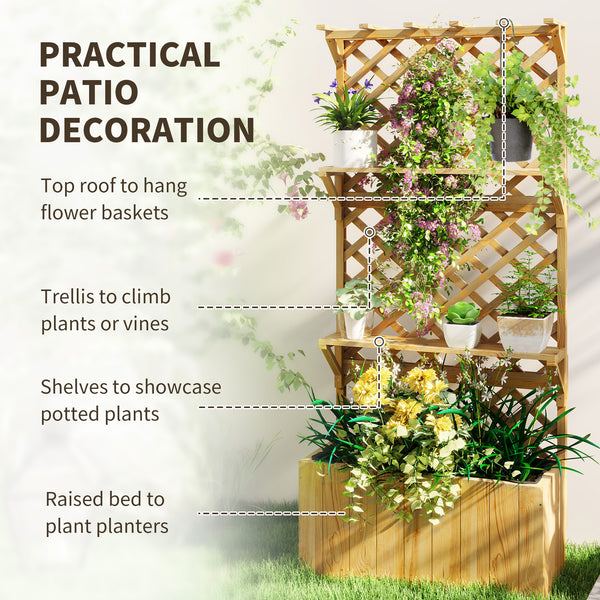 Raised planter with trellis, natural wood