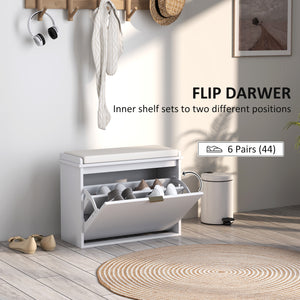 Hallway bench with upholstered seat and drop-down drawers, white