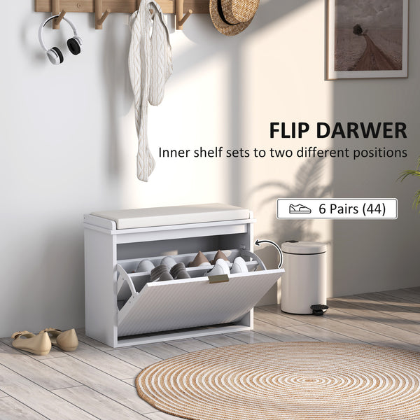 Hallway bench with upholstered seat and drop-down drawers, white