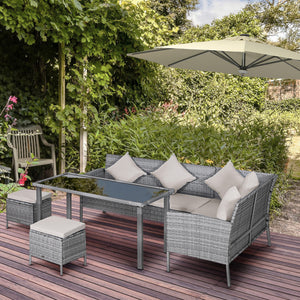 5-piece furniture set in woven resin with cushions, table and poufs, cream white