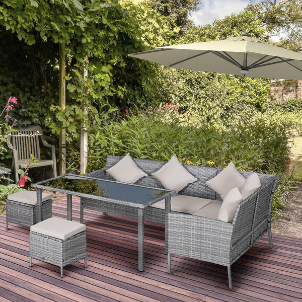 5-piece furniture set in woven resin with cushions, table and poufs, cream white