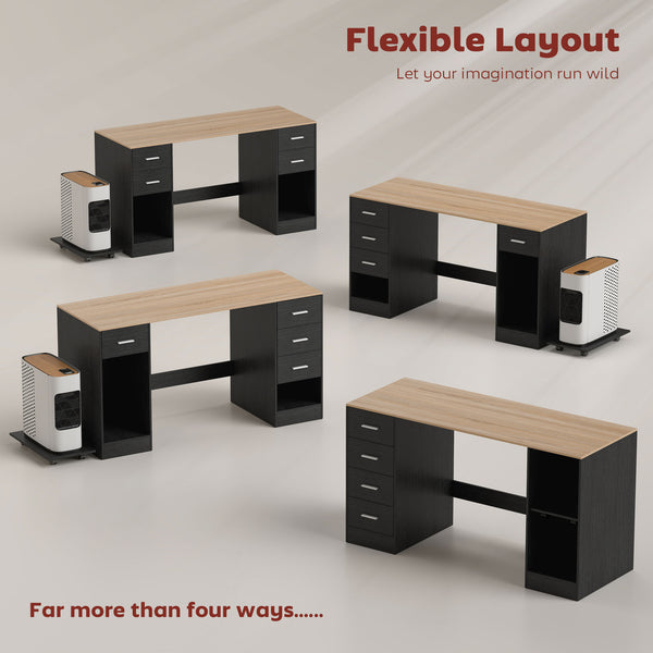 Desk with 4 reversible drawers and mobile PC stand, black
