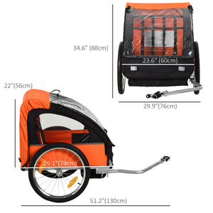 2-seater bicycle trailer with sturdy steel frame, 5-point safety harness, orange