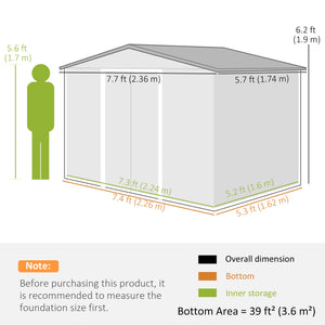 Metal garden shed with lockable sliding doors and ventilation, light grey