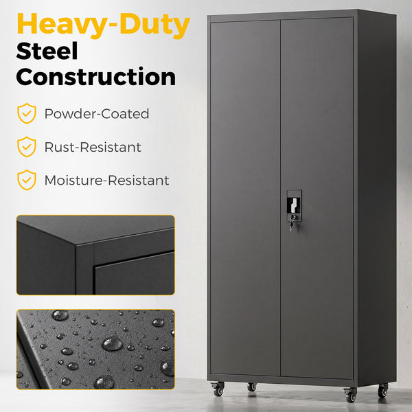 71-inch Rolling Reinforced Garage Cabinet, Black