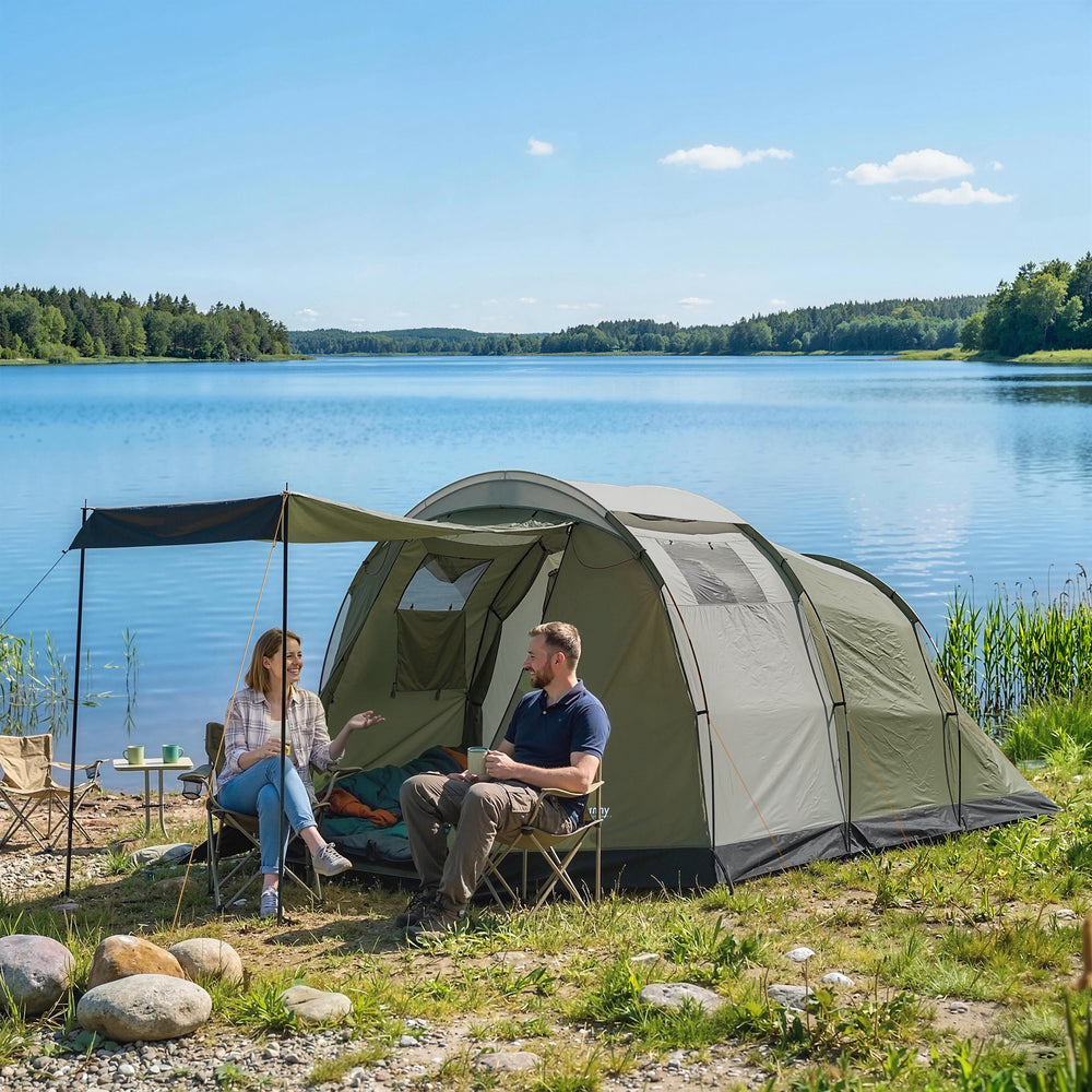 Two-room waterproof camping tent for 3-4 people, green