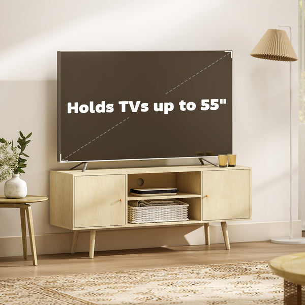 TV stand for up to 55-inch TVs with storage shelves and wooden legs