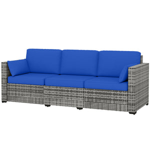 3-seater PE rattan outdoor sofa with cushions, blue