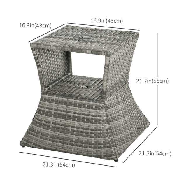 Square side table in woven rattan with parasol hole and 2-tier storage