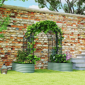 Galvanized raised planters with arched trellis