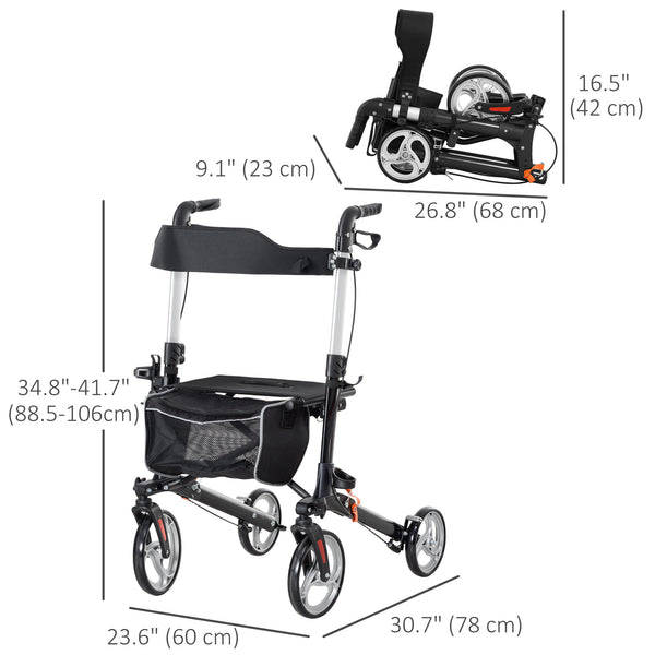 Lightweight Folding Walker with Large Seat and Adjustable Handle Black