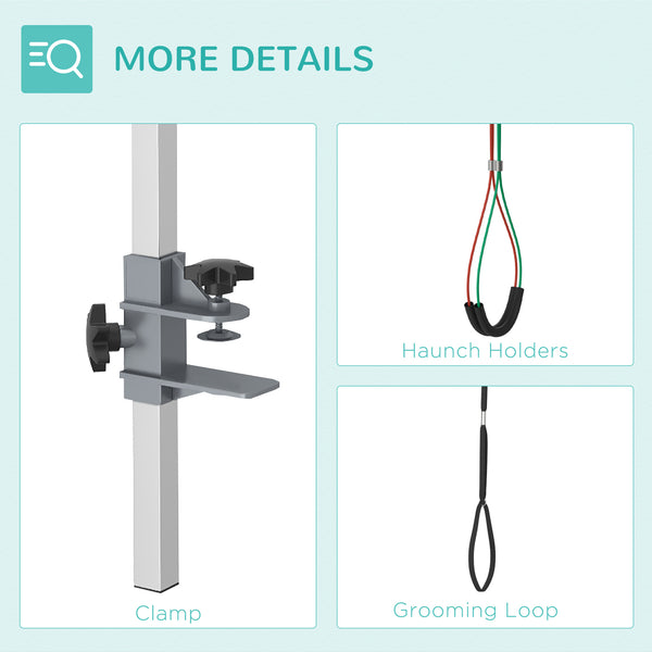Adjustable grooming arm with clamp, hip supports, and grooming loop